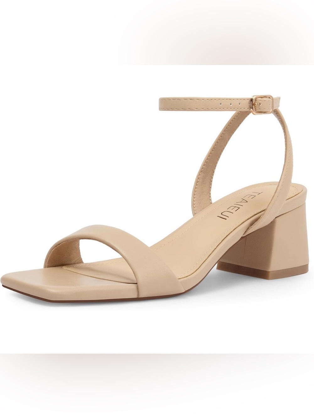 NWT Teaieui Nude Square-Toe Ankle-Strap Block Heel Sandal